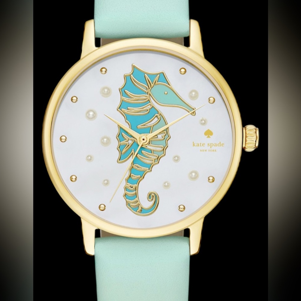 Kate Spade Seahorse Metro Watch Gold Pearl Dial Ocean Blue Leather Strap